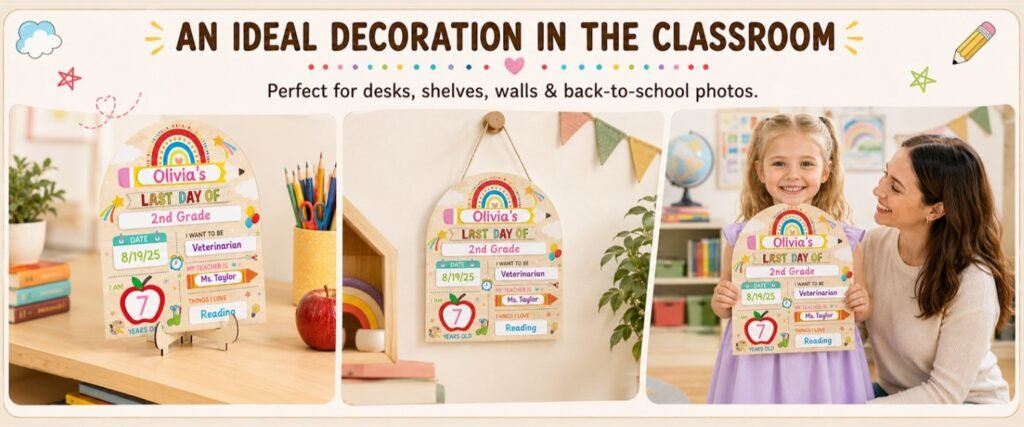 Current image: OBUSATT My First Day of School Sign wooden reusable school board with stand