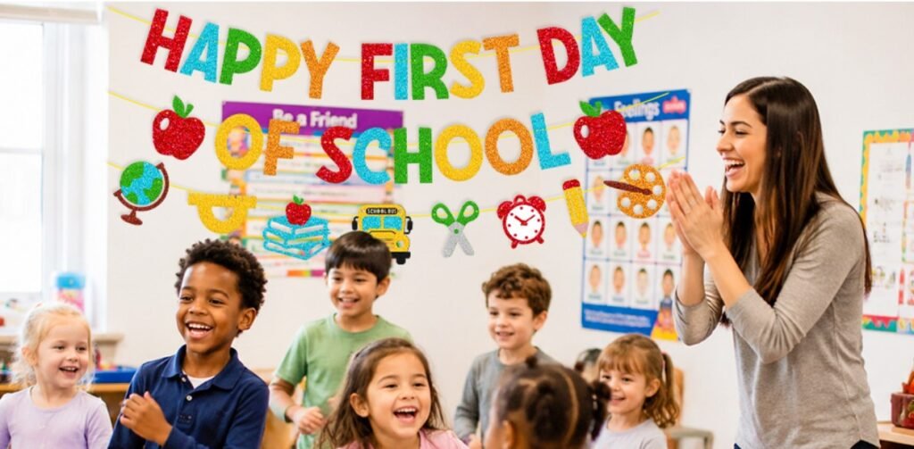 Current image: Levvcirki Happy First Day of School Banner glitter back to school decoration